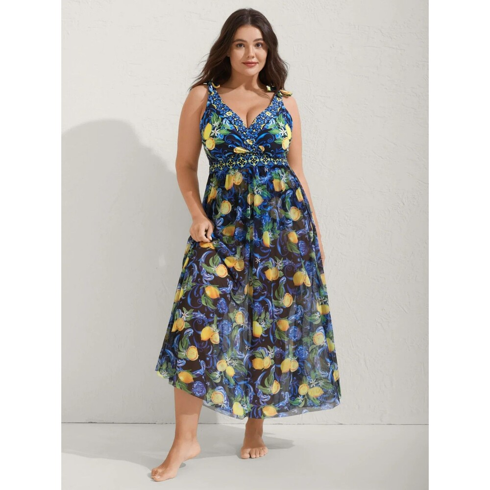 Bloomchic Womens Swimsuit and Coverup Size 18/20 Blue Yellow Lemon One Piece